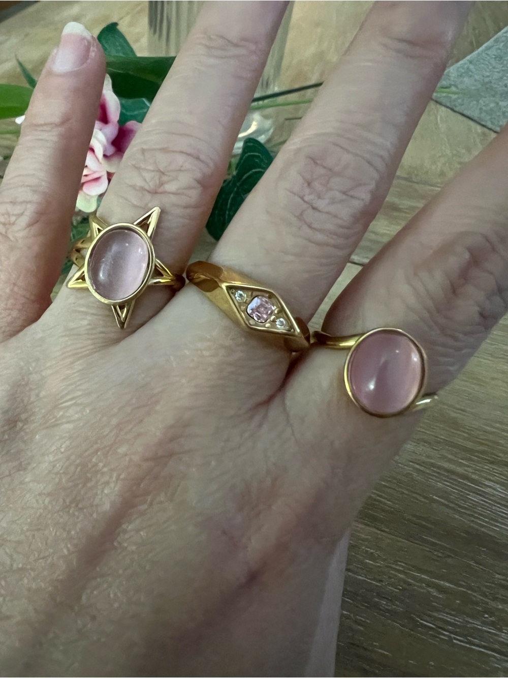 Set of 3 Gold-Plated Pink Cat-Eye Cabochon Ring